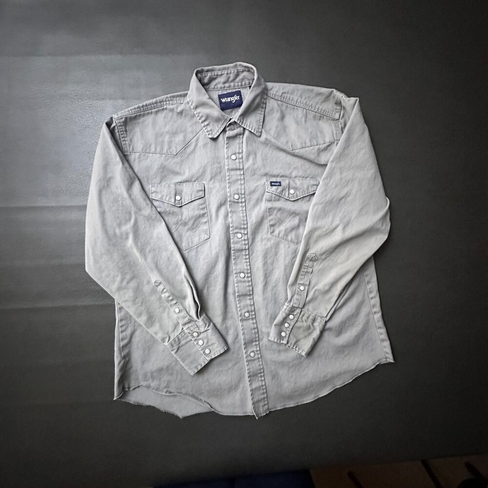 Vintage Wrangler Shirt Mens XL Gray Western Canvas Pearl Snap Workwear Cowboy